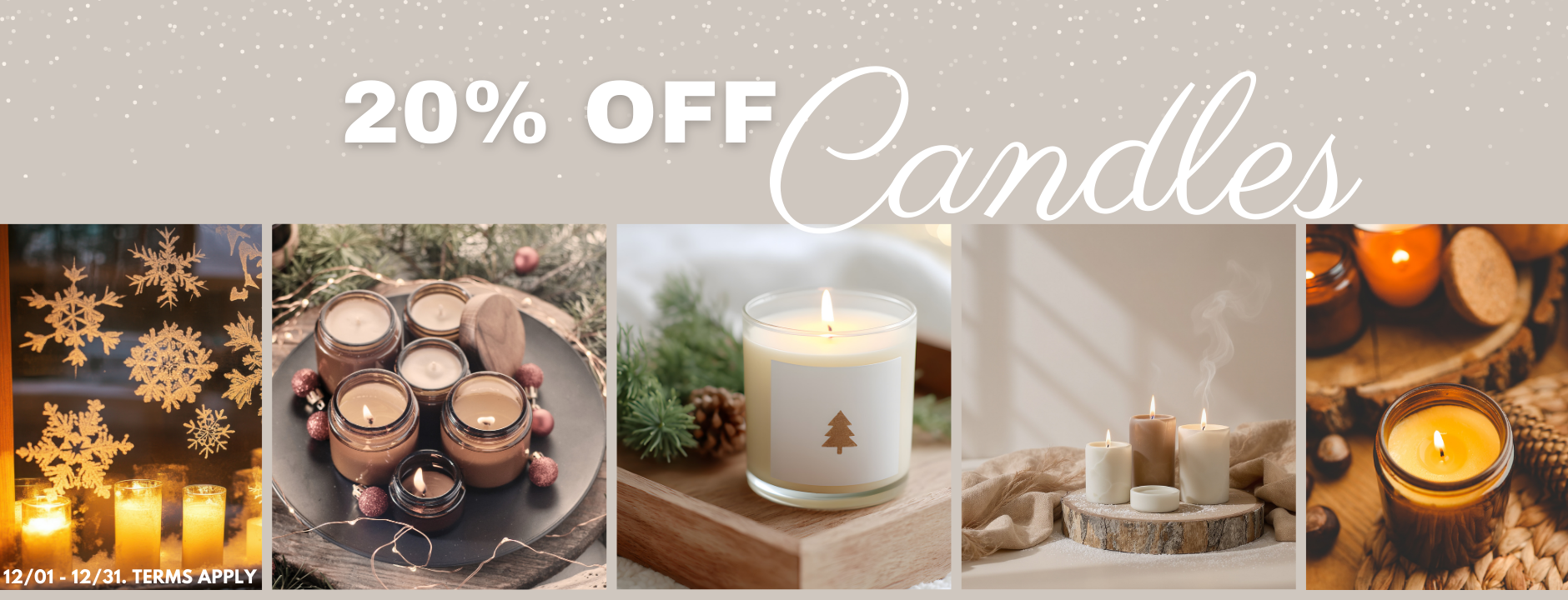 Promotional banner for candles with various candle images and a 20% off discount text.